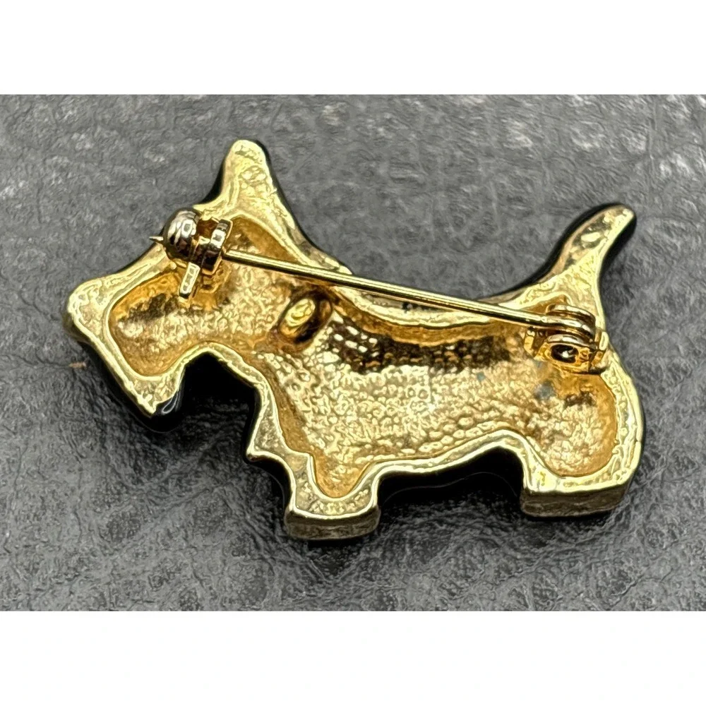 Vintage Black Enamel Scottie Dog Gold Tone Brooch Pin Green Crystal Eyes